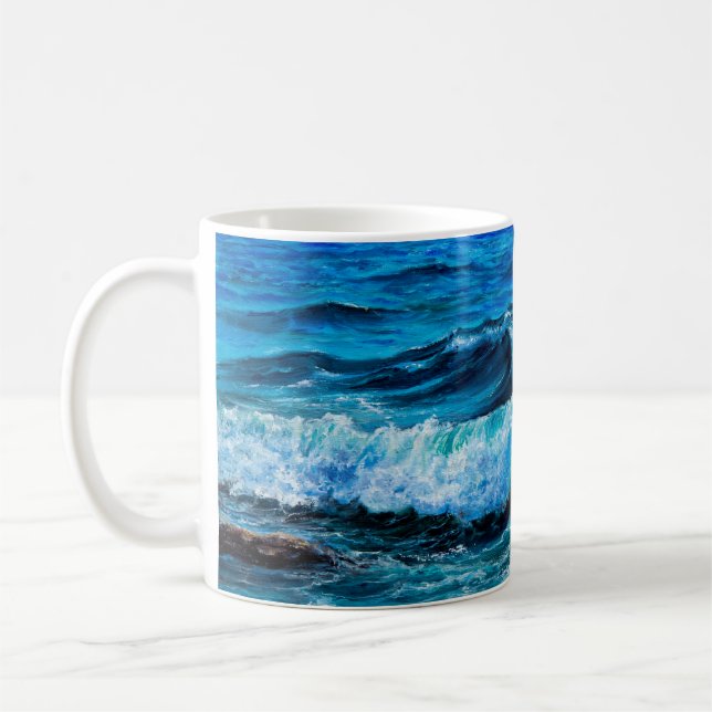 Oil painting showing waves in ocean or sea on canv coffee mug (Left)