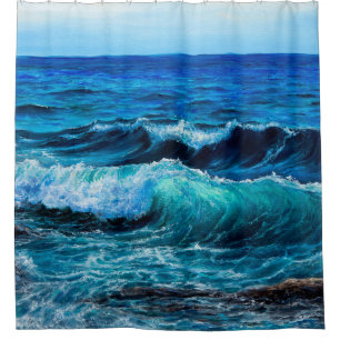 Oil painting showing waves in ocean or sea on canv shower curtain