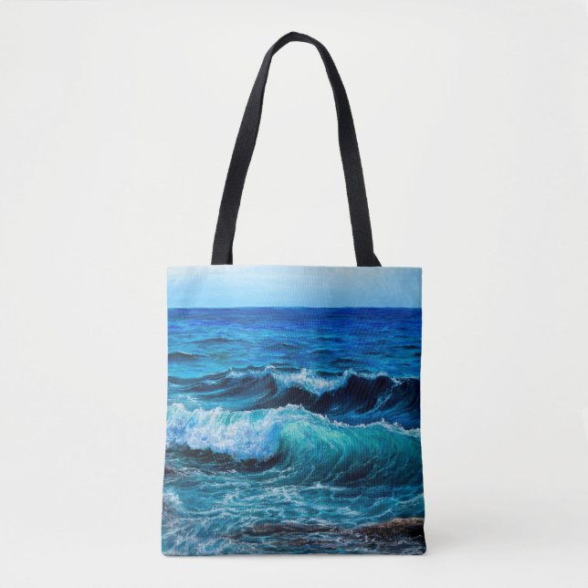 Oil painting showing waves in ocean or sea on canv tote bag (Front)