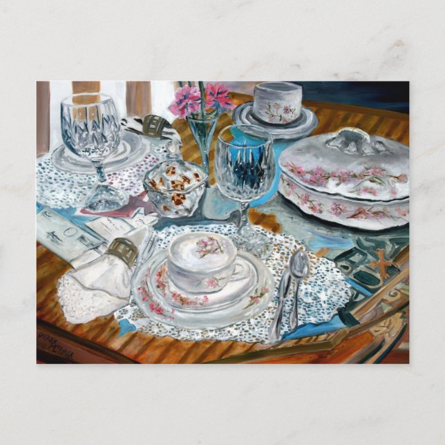 oil painting still life china tea set dinnerware postcard (Front)