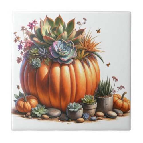Oil Painting Style Pumpkin Succulent Planter  Ceramic Tile