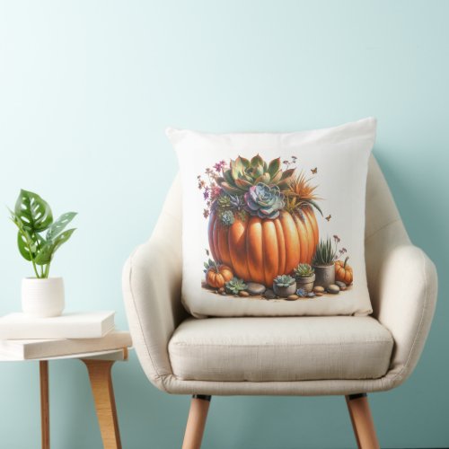 Oil Painting Style Pumpkin Succulent Planter  Throw Pillow