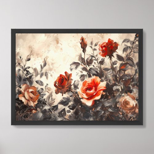 Oil Painting Vintage red and coral roses garden Framed Art