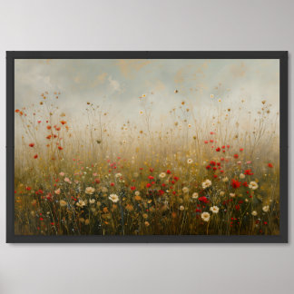 Oil painting wild flowers field meadow muted color framed art