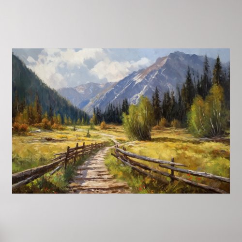 Oil painting winding path forest meadow out west poster