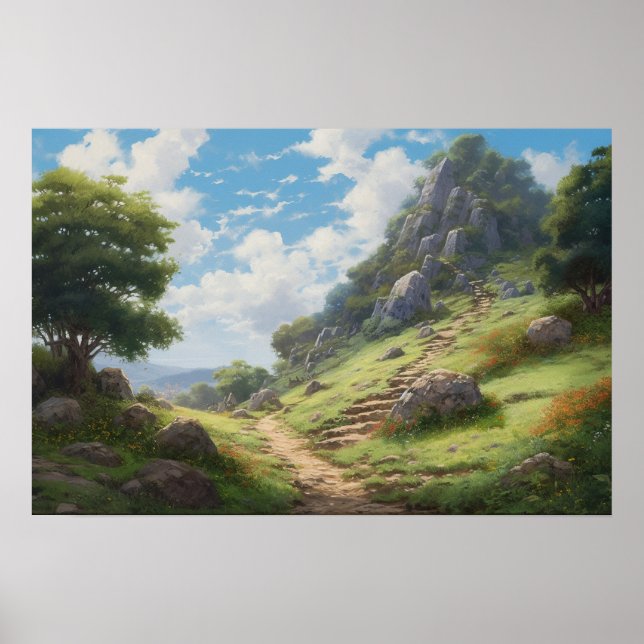 Oil painting winding path hilltop pinnacle poster (Front)