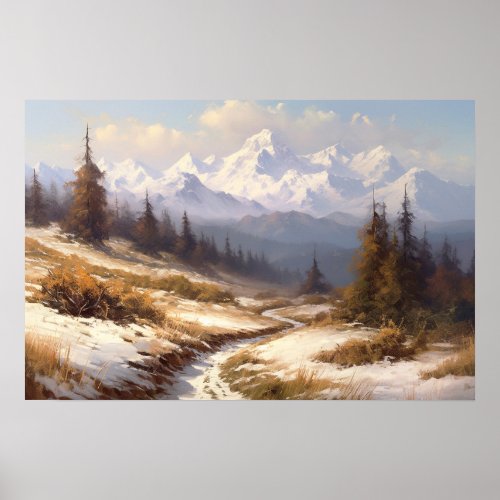 Oil painting winding path snowy mountain foothills poster