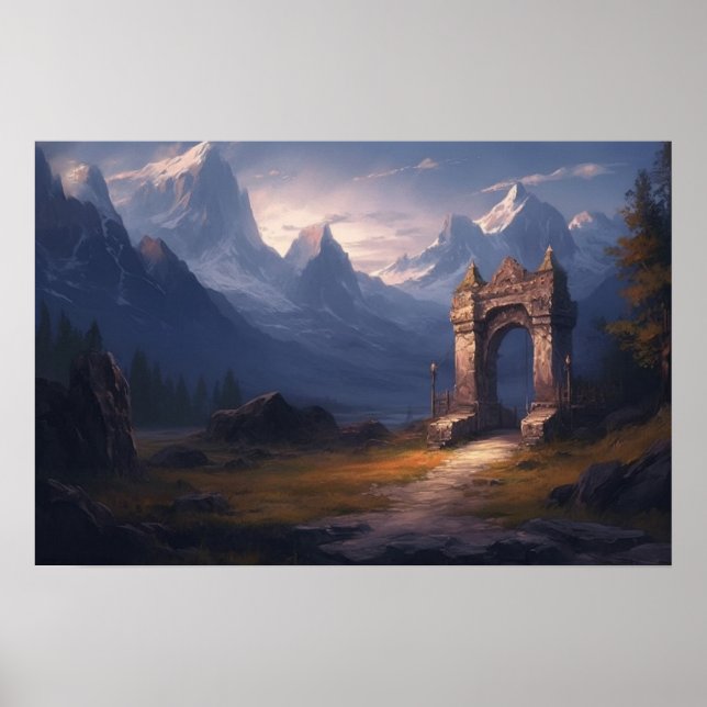 Oil painting winding path to ancient stone archway poster (Front)