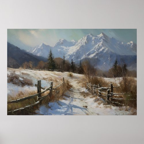 Oil painting winding path west mountain foothills poster