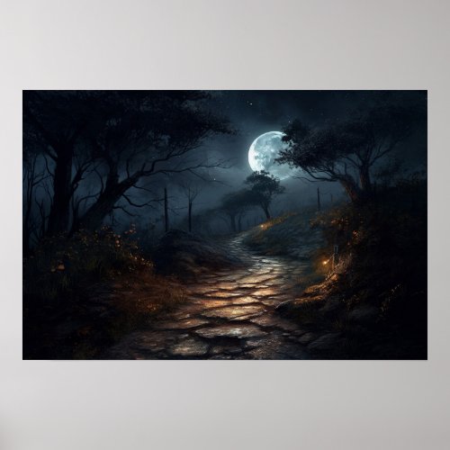 Oil painting winding stone path in moonlight poster