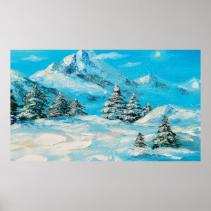 oil painting, winter mountain landscape with spru poster