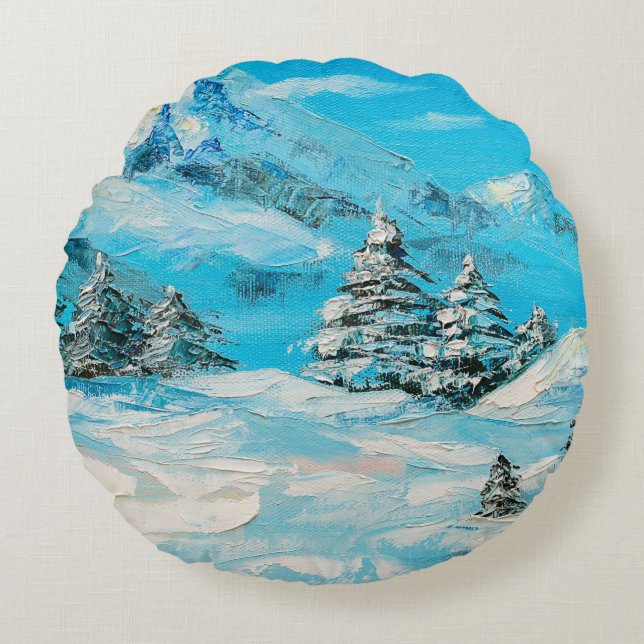  oil painting, winter mountain landscape with spru round pillow (Front)