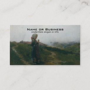 Oil Painting Young Girl Knitting Scenic Landscape Business Card