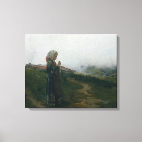 Oil Painting Young Girl Knitting Scenic Landscape Canvas Print