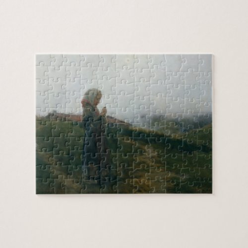 Oil Painting Young Girl Knitting Scenic Landscape Jigsaw Puzzle