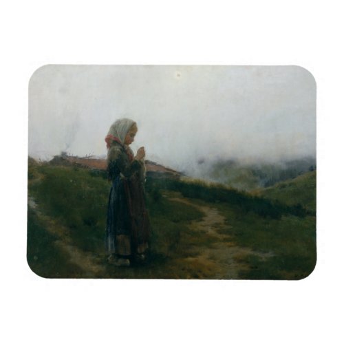 Oil Painting Young Girl Knitting Scenic Landscape Magnet
