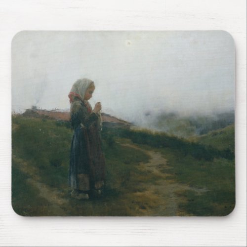 Oil Painting Young Girl Knitting Scenic Landscape Mouse Pad