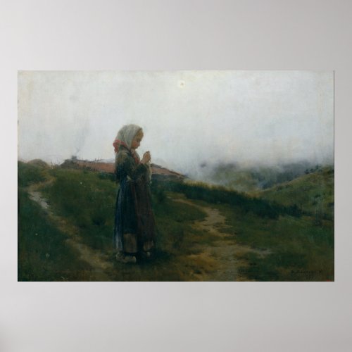 Oil Painting Young Girl Knitting Scenic Landscape Poster