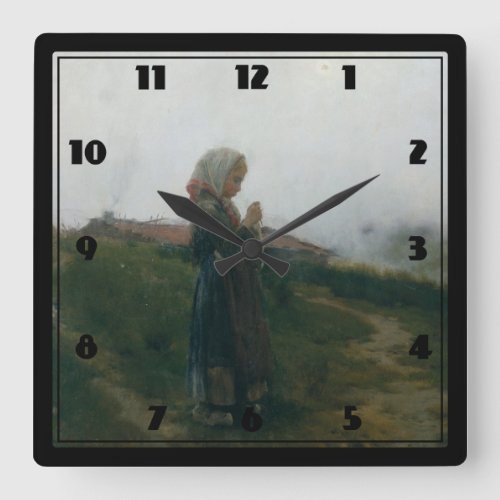 Oil Painting Young Girl Knitting Scenic Landscape Square Wall Clock