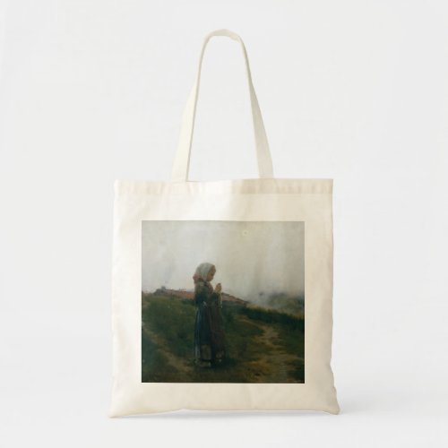 Oil Painting Young Girl Knitting Scenic Landscape Tote Bag