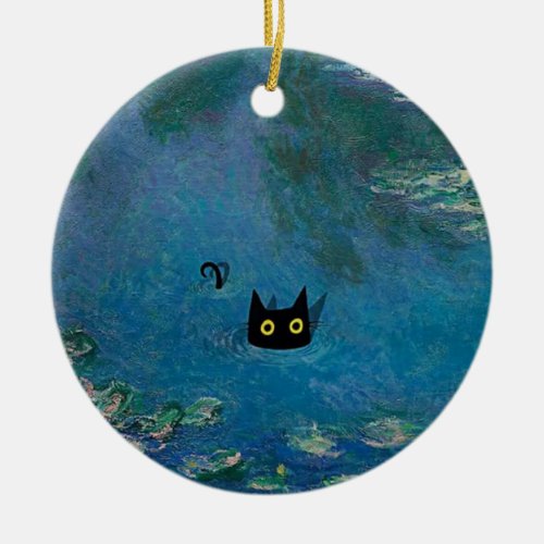 Oil Paintings Monets Water Lillies Black Cat Ceramic Ornament