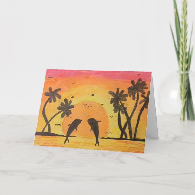 Oil pastel drawing of a sunset and dolphins card (Front)