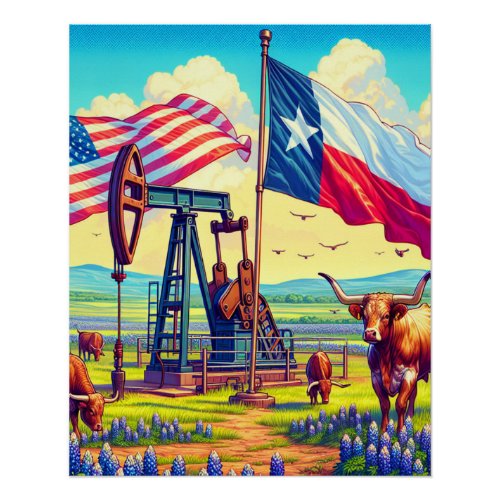 Oil Pump and Longhorn Cattle In Texas Poster