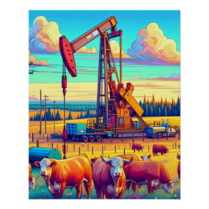 Oil Pump Jack and Cattle Scene Poster