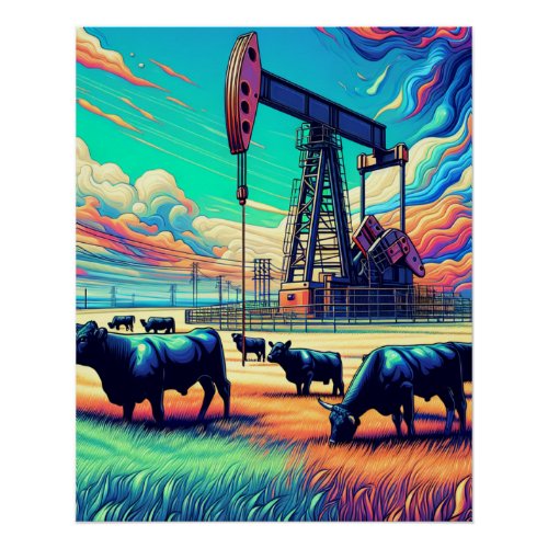 Oil Pump Jack and Cattle Scene Poster