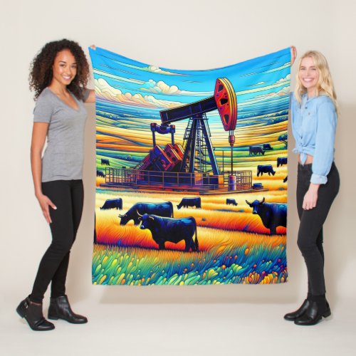 Oil Pump Jack Colorful Background Cows In Field Fleece Blanket