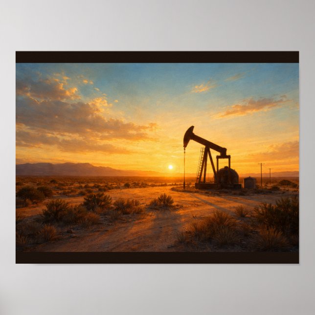 Oil pump silhouette at sunset poster (Front)