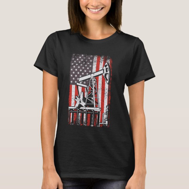 Oil Rig USA American Flag Landman Oilfield Worker T-Shirt (Front)