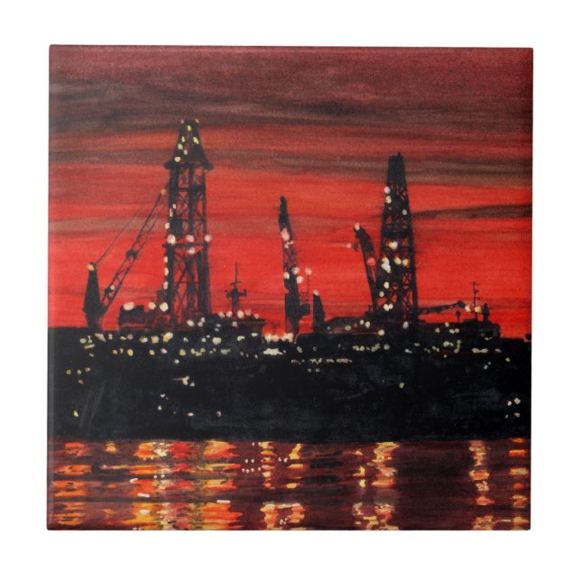 Oil Rigs at Night Ceramic Tile (Front)