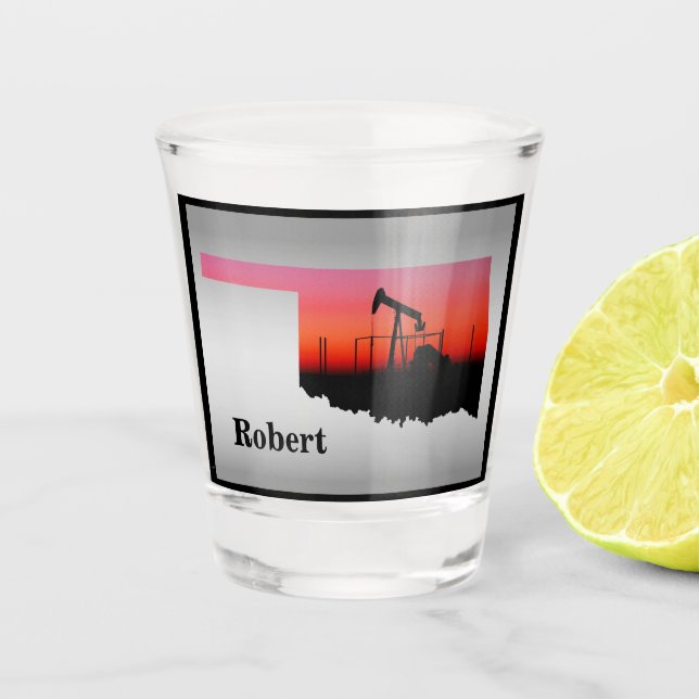 Oil Well Pump Jack Oklahoma Shape Personalized Shot Glass (Front)