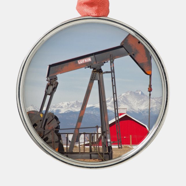 Oil Well Pumpjack Red Barn And Longs Peak Metal Ornament (Front)