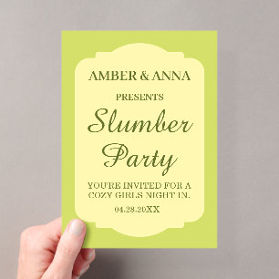 OILIVE GREEN PEROSNALIZED NAME SLUMBER PARTY ACRYLIC INVITATIONS
