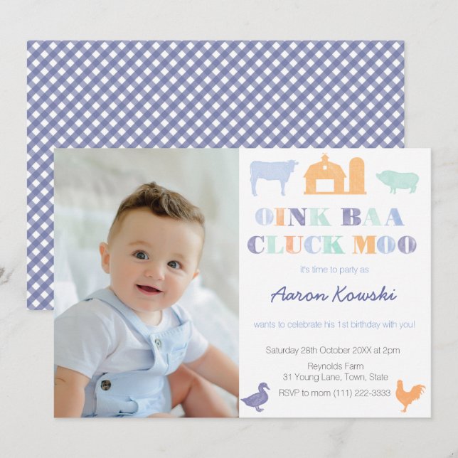 Oink Baa Cluck Moo Farmyard Animals Birthday Party Invitation (Front/Back)