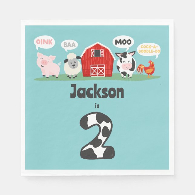 Oink Baa Moo 2nd Birthday Farm Animal Kids Napkins (Front)