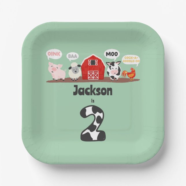 Oink Baa Moo 2nd Birthday Farm Animal Kids Paper Plates (Front)