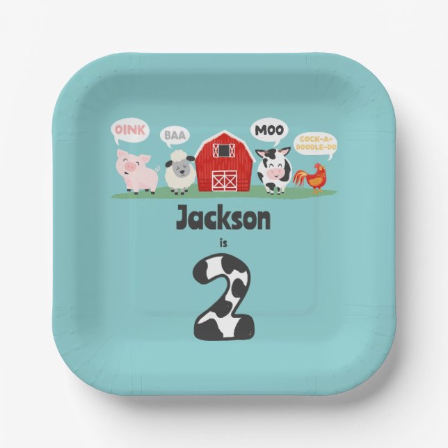 Oink Baa Moo 2nd Birthday Farm Animal Kids Paper Plates (Front)