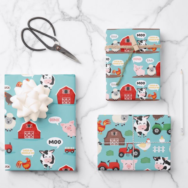 Oink Baa Moo Cock-a-doodle-do Farm Birthday Party  Wrapping Paper Sheets (Front)