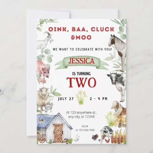 Oink Baa Moo Cute Farm Animals Birthday Invitation
