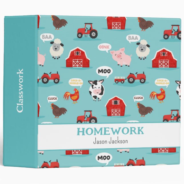 Oink Baa Moo Farm Animal Cute Kids 3 Ring Binder (Front/Spine)