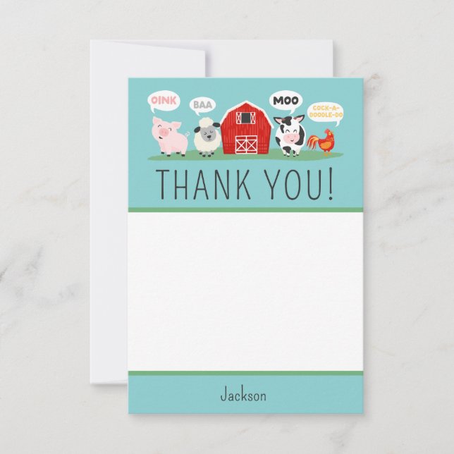 Oink Baa Moo Thank you Farm Animal Party Kids Card (Front)