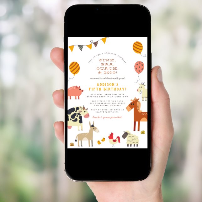 Oink Baa Quack Moo Cute Farm Animals Birthday Invitation (Front Digital)