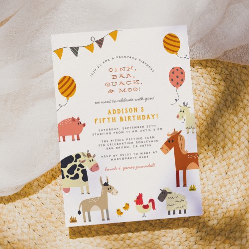 Oink Baa Quack Moo Cute Farm Animals Birthday Invitation