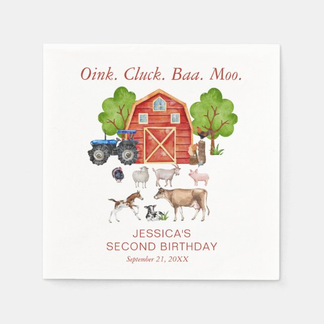 Oink Baa Quack Moo Cute Farm Animals Birthday Napkins (Front)