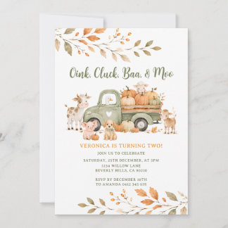 Oink, Cluck, Baa, and Moo Fall Farm Cute Birthday Invitation