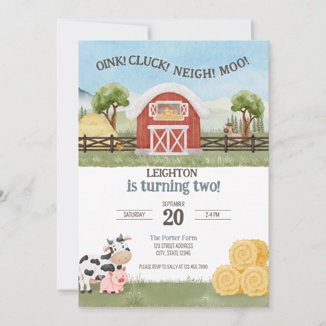 Oink Cluck Neigh Moo Farm Kids Birthday Invitation (Front)