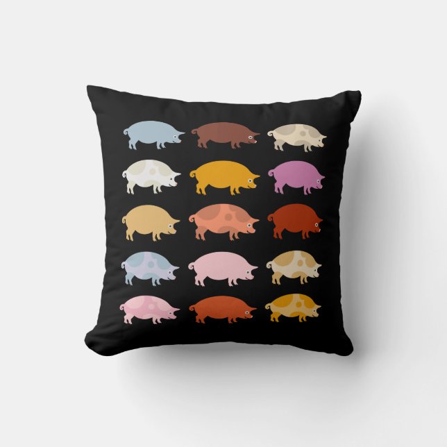Oink Cute Colourful Pigs in Black Throw Pillow (Front)